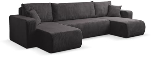 VENASI MÖBEL Wohnlandschaft mit Schlaffunktion Luna U, Dunkelgrau Cordstoff | Sofa mit Bettkasten, Schlaffläche 125 × 268 cm, inkl. Kissen & Aufbauanleitung