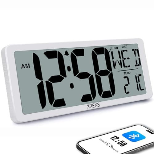 XREXS 13,4'' Digitale Wanduhr, automatische Zeitkalibrierung, batteriebetrieben, HD-Display, mit Kalender, Temperatur, Wecker und Timer, ideal für Wohnzimmer, Küche, Fitnessstudio, Klassenzimmer