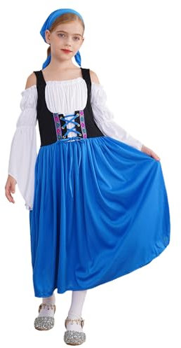 iiniim Mädchen Mittelalter Kleid Schulterfrei Renaissance Kleid mit Dreieck Kopftuch Oktoberfest Kleid Bayerisches Trachtenkleid Festlich Partykleid Blau 164-170