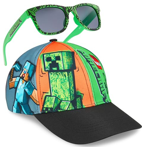 Minecraft Sunglasses Baseball Cap Set Creeper Adjustable Boys Hat 100% UV Kids Sunglasses Holiday Accessories Gamer Gifts (6-14 Years, Multi)