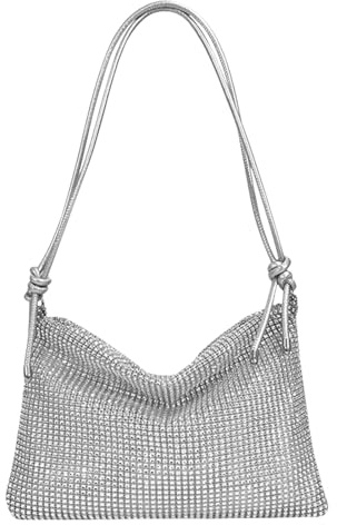 Amexo Strass Brillants Pochettes et Clutches Femme, Sac Soiree Grande Capacité Pochette Réglable Sacoche Bandoulière Femme Sac Paillettes Femme pour Banquet Fête Mariage (Argent)