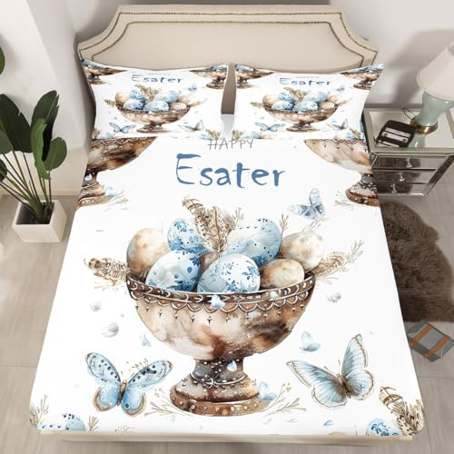 Easter Eggs Cup Fitted Sheet Single 2 Pcs,Rustic Farmhouse Butterfly Sheets Sets Breathable Bedding(No Top Sheet),Bohemian Tribal Feather Bed Sheet Deep Pocket,Watercolor Country Easter Bed Cocer