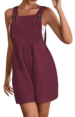 Generisch Leinen Latzhose Damen Kurz Sexy | Overall Damen Kurze Hose | Einteiler Elegant Arbeitslatzhose Ärmellos Oberteil Tops Einfarbig Romper Casual Sommeroverall Mit Knöpfen Hosenanzug Einteiler
