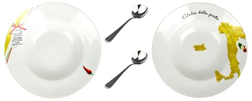 2 Stück Retsch Arzberg XL Pastateller Porzellan Ø 27cm Italienisches Design inkl. Pastalöffel Spaghettiteller Suppenteller Salatteller