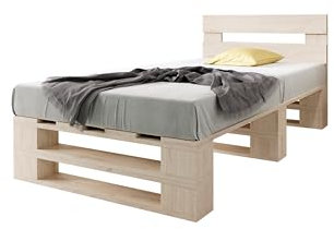 Lermowood Palettenbett M2 aus Holz 90 x 200 cm Natur mit Kopfteil Holzbett 40cm Stabiles Seniorenbett Kinderbett Jugendbett Gästebett erhöhtes Einzelbett Bettgestell Futonbett Komforthöhe Naturholz