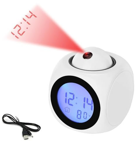 Sveglia personalizzata con proiezione, proiezione digitale personalizzata, multifunzione, schermo LCD digitale da parete, visualizzazione della temperatura, sveglia LED per camera da letto (bianco)