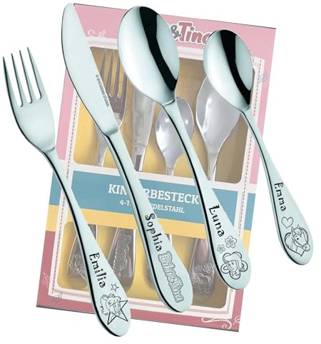 Bibi & Tina Kinderbesteck mit Gravur - Personalisiertes Besteck mit Namen oder Datum - Edelstahl Kinderbesteck Set mit Gravur - Geschenk zur Geburt, Taufe, Geburtstag, Geschenk Junge & Mädchen