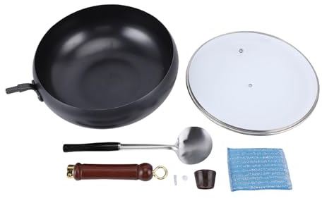 exsulity Stainless Steel Wok,Japanese Iron Pan, 28Cm Uncoated Cast Iron Wok, with Spatula, 2 Covers to Choose from, for Pots on Electric Stoves/Induction Cookers/Gas Stoves (Glass Cover)