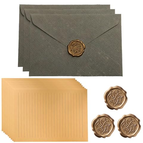 LQUYTA3 Set Carta da Lettera con Busta Buste Vintage Adesivi Simil Sigillo In Ceralacca Carta Kraft Cartoleria Vintage Per Inviti Lettere Amore (Grigio)
