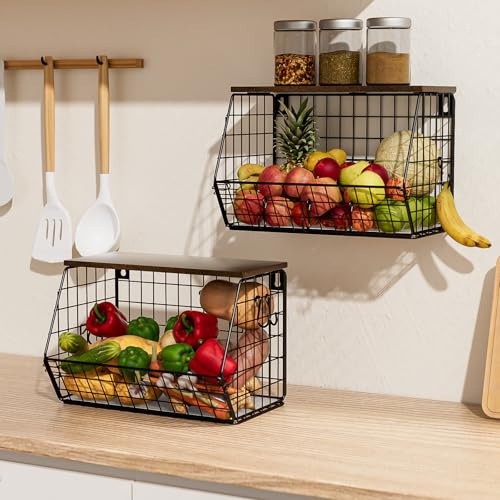 Gaethra 2 Piezas Fruteros de Cocina 30*16.5*20cm Extraíbles y Plegables con Gancho para Plátanos y Tapa de Madera Fruit Basket Rack Cestas para Frutas, Organizar Cocina y Almacenar Verduras (Negro)