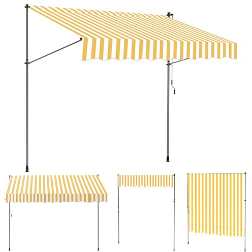 Monucep Klemmmarkise 350 cm Breit, Markise Ohne Bohren mit Handkurbel,Klemmmarkise Balkon UV-beständig,Balkon Sonnenschutz und Wasserdicht,Balkonmarkisen zum Klemmen Gelb Weiß