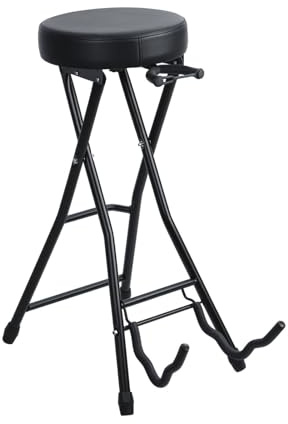 Soixehet Tabouret de Guitare avec Siège Rembourré, Tabouret de Musicien Pliable avec Siège Rembourré, Repose-Pieds, Crochet Rétractable, pour Guitare Basse Électrique Acoustique Noir
