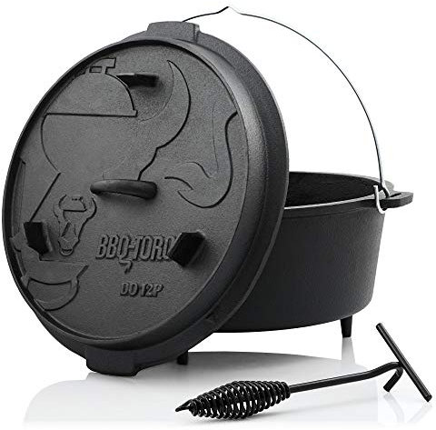 BBQ-Toro Dutch Oven Premium Serie | 13,6 Liter (DO12P), Topf mit Füße | bereits eingebrannt - preseasoned | Verschiedene Größen | Gusseisen Kochtopf | Bräter mit Deckelheber