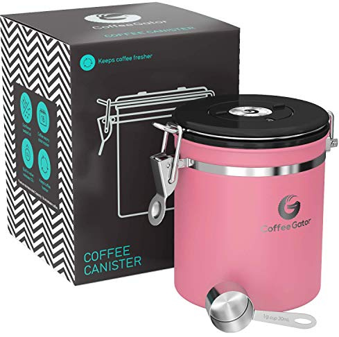 Coffee Gator-Edelstahl-Kaffeedose – Hält gemahlener Kaffee und Bohnen länger frisch – Behälter mit Datumsverfolgung, CO2-Freigabeventil und Messlöffel - Mittel - Rosa