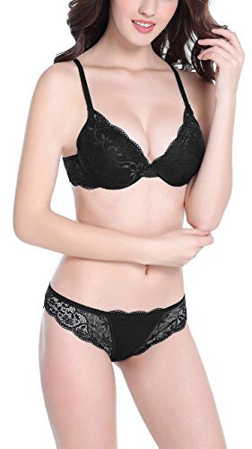 Bluewhalebaby Sexy Push Up Add 1 Cup Bras Set Transparent Underwear Lingerie Lace Bra & Matching Knicker for Women Black UK Size 34B = Asian Tag Size 36B