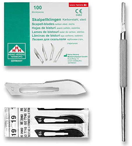 Set avec 100 x lames de scalpel N° 19 - Lame stérile en acier au carbone et 1 x May - manche de scalpel Figure N° 4 avec manche rond en acier inoxydable