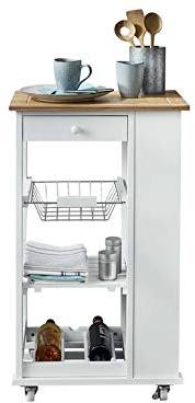 Phoenix Nizza Servierwagen mit 1 Schublade, 1 Metallkorb, 1 Ablage und 1 Flaschenhaltern, Bambus-Arbeitsplatte, Kunststoffrollen, Weiss lackiert, Weiß, 50x86x37