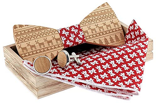 SHIPITNOW Weihnachten Holz Fliege, Einstecktuch und Manschettenknöpfe Set - Rentier und Tannenbaum - Herren Holzfliege - Wird in einer Geschenkbox aus Holz verkauft