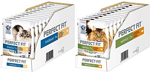 Indoor 1+ – Nassfutter für Erwachsene Hauskatzen ab 1 Jahr – Huhn und Erbsen in Sauce – 12 x 85 g & Katzenfutter Nassfutter Senior 7+ mit Truthahn & Karotten in Sauce, 12 Portionsbeutel