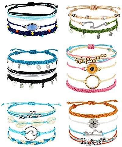Hicarer 21 PC Surfer Wave Friendship Bracelet Set Waterproof Adjustable Boho Beach String Anklets Bulk, Summer Gift for Women(Simple Style)
