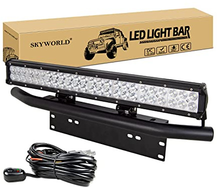 SKYWORLD LED-Lichtleiste, 23 Zoll 144W Spot-Flood-Kombistrahl-Arbeitsscheinwerfer 12V 24V mit schwarzer Kennzeichenhalterung Kabelbaum-Kit für LKW PKW ATV SUV 4X4 Auto | Spot Flutlicht Led Lichtbalken, 23 Zoll Kennzeichenhalterung Schwarz, 12V Kabelbaum für 4x4 Offroad SUV ATV UTV LKW