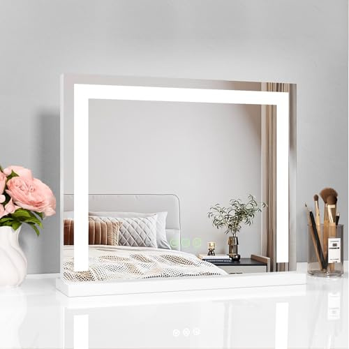 Heilmetz Vanity Mirror with Lights 50 x 42 cm, 3 Light Colours, Dimmable | Touch Control, Memory Function, Freestanding Base, White Frame, For Dressing Tables