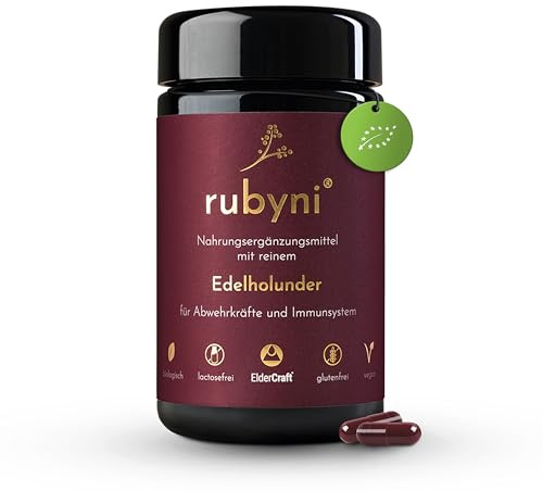 rubyni Edelholunder Kapseln - 90 Kapseln - 400mg Holunderbeeren Extrakt | Bio, Vegan & ohne Zusätze - 100% ElderCraft - Schwarzer Holunder - Mit 60mg Anthocyane - Gluten- & laktosefrei