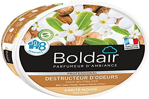 BOLDAIR - Gel destructeur d'odeur Karité Monoï - Neutralise les odeurs - parfume - Produit gel solide - Multi application - durée 8 semaines - 300g - Fabrication française
