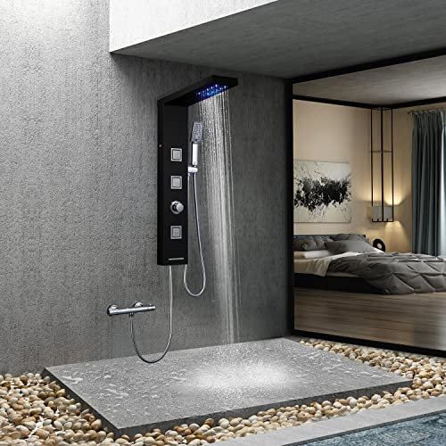 ROVOGO LED Colonne de Douche Hydromassante sans Mitigeur, 4 Fonctions: Douche Pluie, Jet de Massage, Douchette et Bec Bain déverseur, Panneau de Douche en Acier Inoxydable 304, Noir