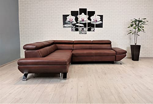Italienisches Echtleder Ecksofa Varsovia RE  Sofa Couch mit Bettfunktion , Bettkasten und Kopfstützen Echt Leder mit Ziernaht Eck Couch Leder GRANADA große Farbauswahl (278 x 245 cm Ecke Links)