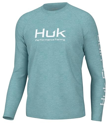 HUK Mens Pursuit Heather Long Sleeve Shirt, Fishing Shirt, Marine Blue Heather, Large
