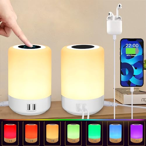 Taipow Nachttischlampe mit 4 USB Ladeanschluss, LED Tischlampe Touch Dimmbar Schlafzimmer, 7 Farb und Memory Funktion, Weiches Helles Licht für Schlafzimmer Büro Kinder, Weiß (2 Stück)