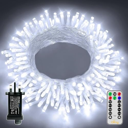 Ollny Christmas Tree Lights, 10m 100 LED Fairy Light Mains Powered, Waterproof Outdoor String Light with Remote/Plug/Modes/Timer, Bright Cool White Lighting Outside Indoor Garden Xmas Decorations