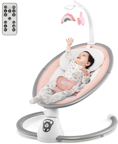 COSTWAY Elektrische Babywippe, Babyschaukel mit 5 Schaukelstufen, 3-Stufen-Timer-Funktion, 5-Punkt-Sicherheitsgurt, Spielzeuge, Musik, Fernbedienung, Baby wippe für Baby bis 6 Monaten (Rosa)