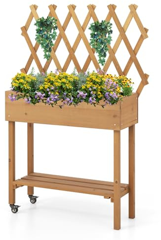GOPLUS Huerto Urbano con Enrejado y Estante | Jardinera Elevada con Ruedas, Orificios de Drenaje, Macetero Exterior para Patio Jardín Balcón, 90 x 29 x 129 cm
