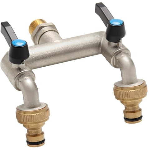 2-Wege Wasserhahn Garten 1/2 Zoll auf 3/4 Zoll, Garten Doppel Wasserhahn mit 2 Stück 3/4 Zoll auf 1/2 Zoll Hahnanschluss für Haus, Hof/Waschmaschine