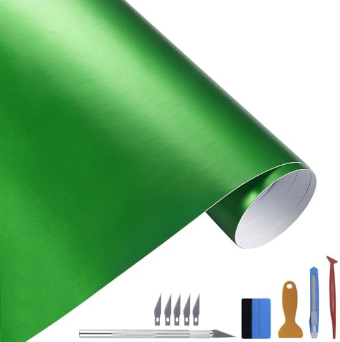 NewL Matt-Gebürst.-Edelstahl Chrom-Metallic Autofolie Grün 30x300 cm | Satin-Gebürst.-Optik, Montagewerkz. inkl., Luftablass-Technik, dehnbar, neu positionierb. Kleber, für Motor Laptop Möbel