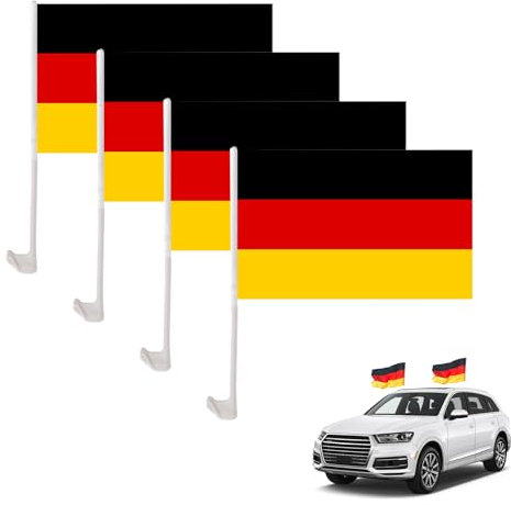 ACAREY Deutschland Flagge Für Auto Für Fußball EM 2024 Deko, 45x30 cm Autofahne mit 50 cm Kunststoffmast Und Befestigungsklammer (Deutschland), Schwarz Rot Gold Flagge Für Aoto Deko (4 Stück)