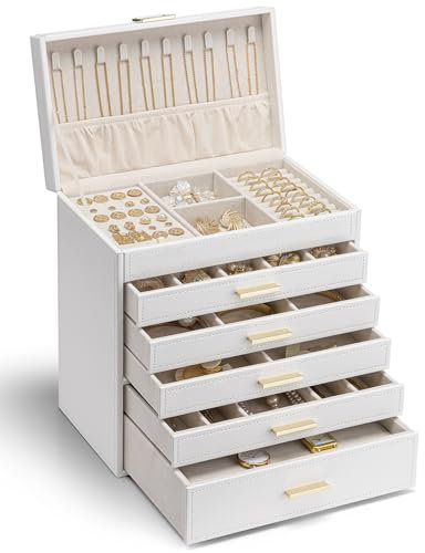 Vlando 6 Layer Large Jewellery Box, Jewellery Organiser with Necklace Holder, Jewellery Storage for Ring Bracelet and Watch, Gift for Women (White)