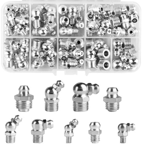 70 unidades de engrasadores surtidos, juego de engrasadores M6 M8 M10 para pistolas de engrase, rectos y en ángulo 45° 90° 180°, engrasadores hidráulicos rectos, engrasadores cónicos, engrasadores cón