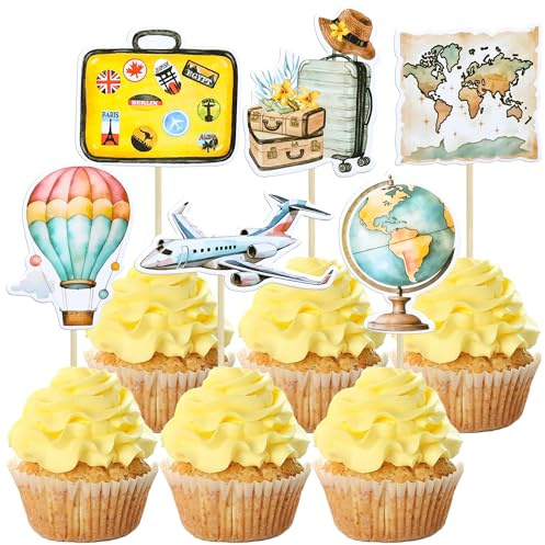 Gyufise 36Pcs Adventure Travel Theme Cupcake Toppers Airplane Cupcake Toppers Map Heart Cake Toppers for Travel Themed Baby Shower Party Decorations Supplies
