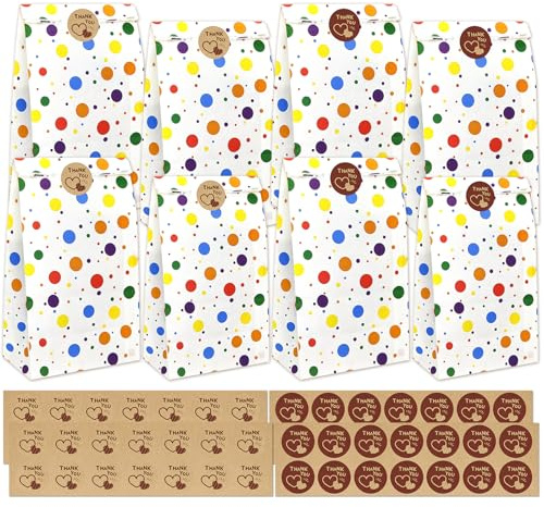 LISOPO 25 Stück Papiertüten Geschenktüten Kindergeburtstag mit 56 Aufkleber Süßigkeitentüten Mitgebseltüten Candytüten für Kindergeburtstag Hochzeiten Partys Weihnachten（24 cm x 13 cm x 8 cm）