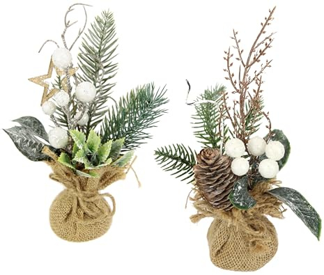Mini alberi di Natale artificiali, con bacche, coni, stella, rami di abete in vaso di iuta, 23 cm, set da 2 pezzi, fiori artificiali, fiori invernali, piante, rami, decorazione natalizia, decorazione