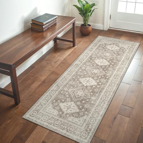 GENIMO Boho Vintage Fußmatte, Waschbar & rutschfest, Kurzflor Teppich für Eingang, Bad oder Balkon, Stilvoller Kleiner Teppich, Mandel Beige Braun, 60x150 cm