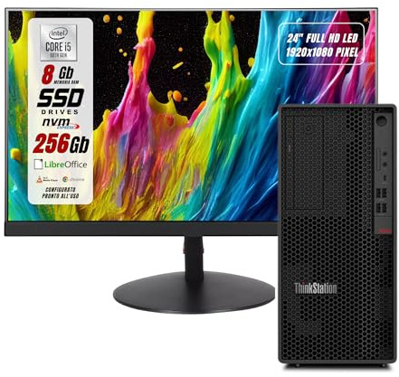 Lenovo ThinkStation, Postazione Completa, Pc Desktop Intel i5-10400F 6 Core 2.9 Ghz, Ram 8Gb SSD 256Gb GPU P400 2Gb, Monitor 24 FHD, Win 11 Compreso di Mouse e Tastiera (Ricondizionato)
