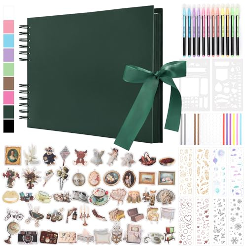 DazSpirit Album Photo Scrapbook, 80 Pages Livre Album Photo Rigide DIY Scrapbooking, Avec 12 Marqueurs et 7 Autocollants, Cadeau pour Anniversaire, Mariage, Voyage, Amis, Bébé, Vert foncé