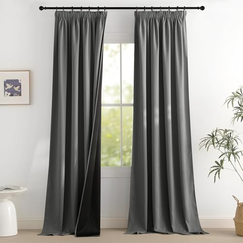 PONY DANCE Verdunklungsvorhänge Grau Wärmeisolierend Vorhänge für Schiene | 2er Set H 245 x B 140 cm, Hitzeschutz, mit Kräuselband, für Wohnzimmer, 100% Blickdicht, Sichtschutz, UV-Schutz, Blackout