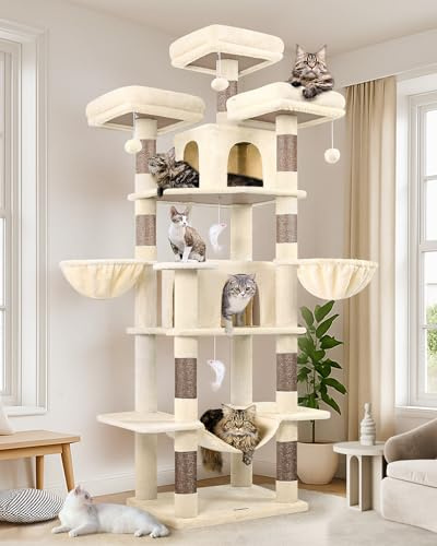 Globlazer Kratzbaum Beige Große XXL hoch 204 cm mit 3 Gepolsterte Sitzstangen, 2 Katzenhaus, 2 Korb, Hängematte, Luxus Katzenbaum Stabil für 3-5 Erwachsene Katze Ausruhen Spielen Kratzen (F80, Beige)