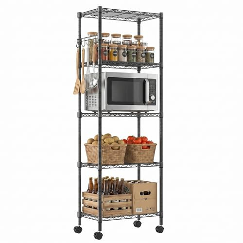Himimi Regal mit Rollen, Metallregal auf Rollen, Höhenverstellbar Drahtregal, Stehend Lagerregal mit 5 Regalböden, Standregal Rollregal für Küche Badezimmer Speisekammer, 35T x 59B x 183H cm, Schwarz