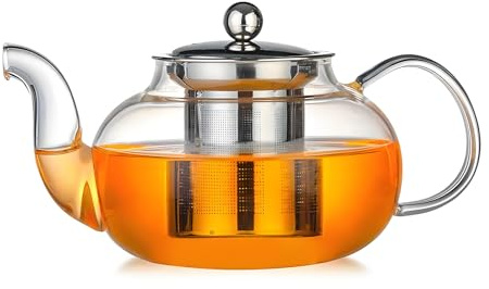 Clear Glass Teapot with Removable Infuser, 800ML | Stovetop Safe, Round Shape Infuser, Heat-Resistant Borosilicate Glass, For 1-2 People